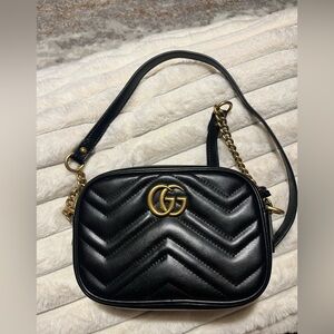 Gucci Black Chevron Crossbody Bag with Gold Details